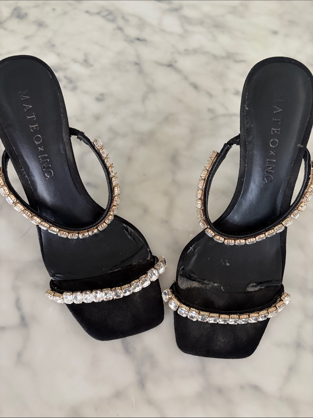 Black Crystal-Strap Women's Slide Sandals.  8M